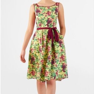 eShakti Floral Print Cotton Contrast Trim Dress